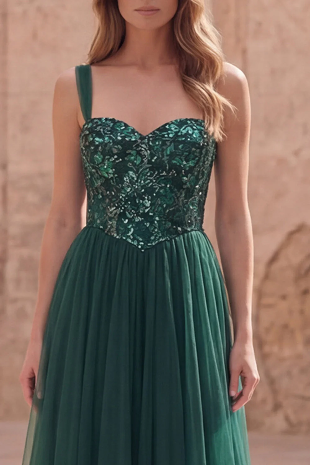 Dark Green A Line Spaghetti Straps Sequin Long Prom Dress - Image 4