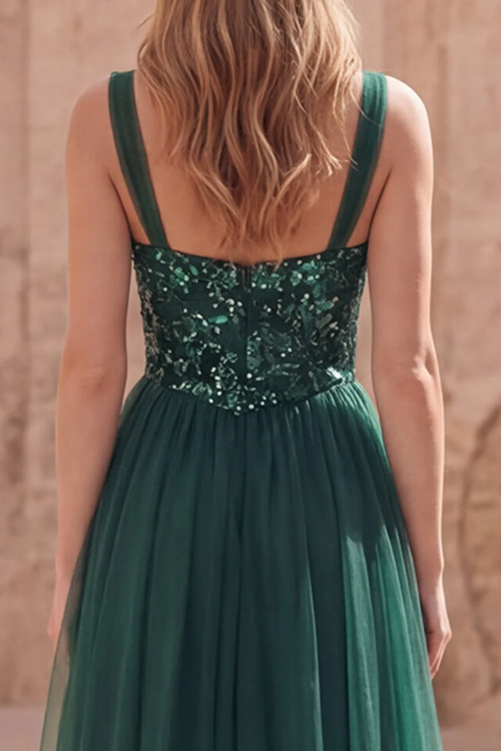 Dark Green A Line Spaghetti Straps Sequin Long Prom Dress - Image 5