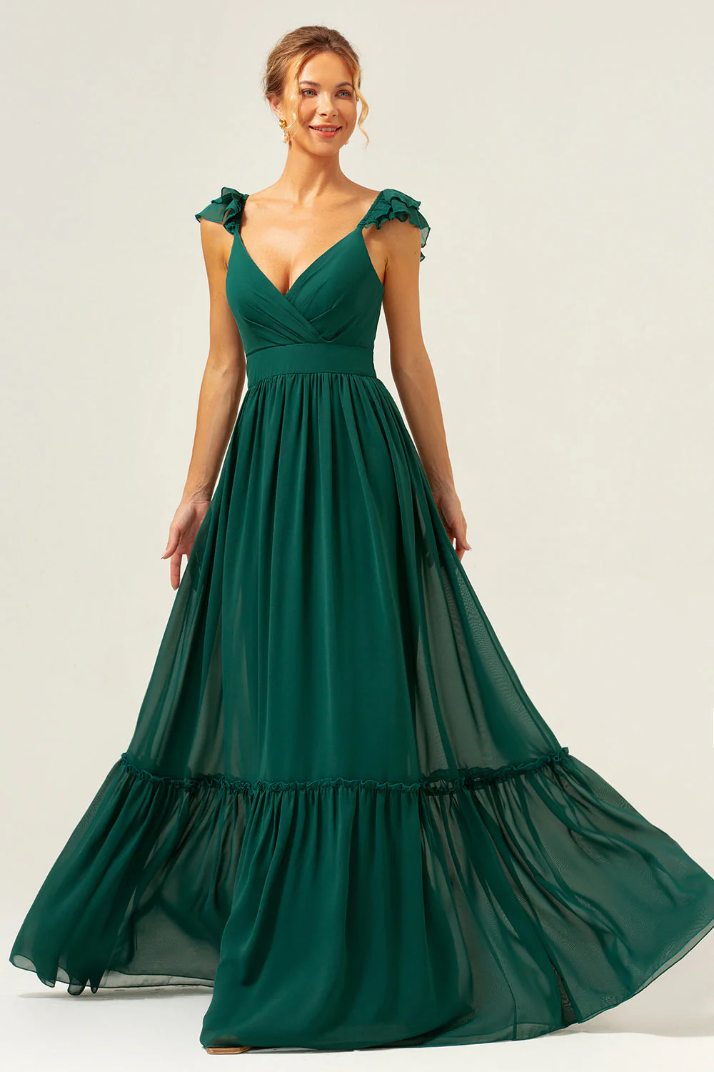 Dark Green A Line V-Neck Ruched Chiffon Long Bridesmaid Dress - Image 2