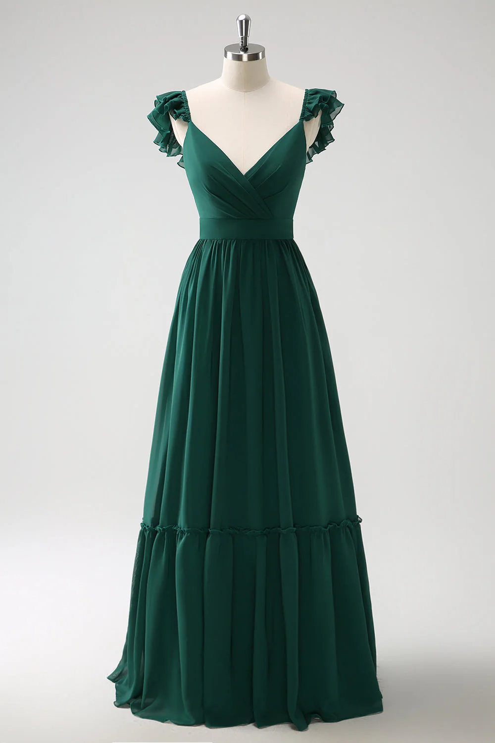 Dark Green A Line V-Neck Ruched Chiffon Long Bridesmaid Dress - Image 3