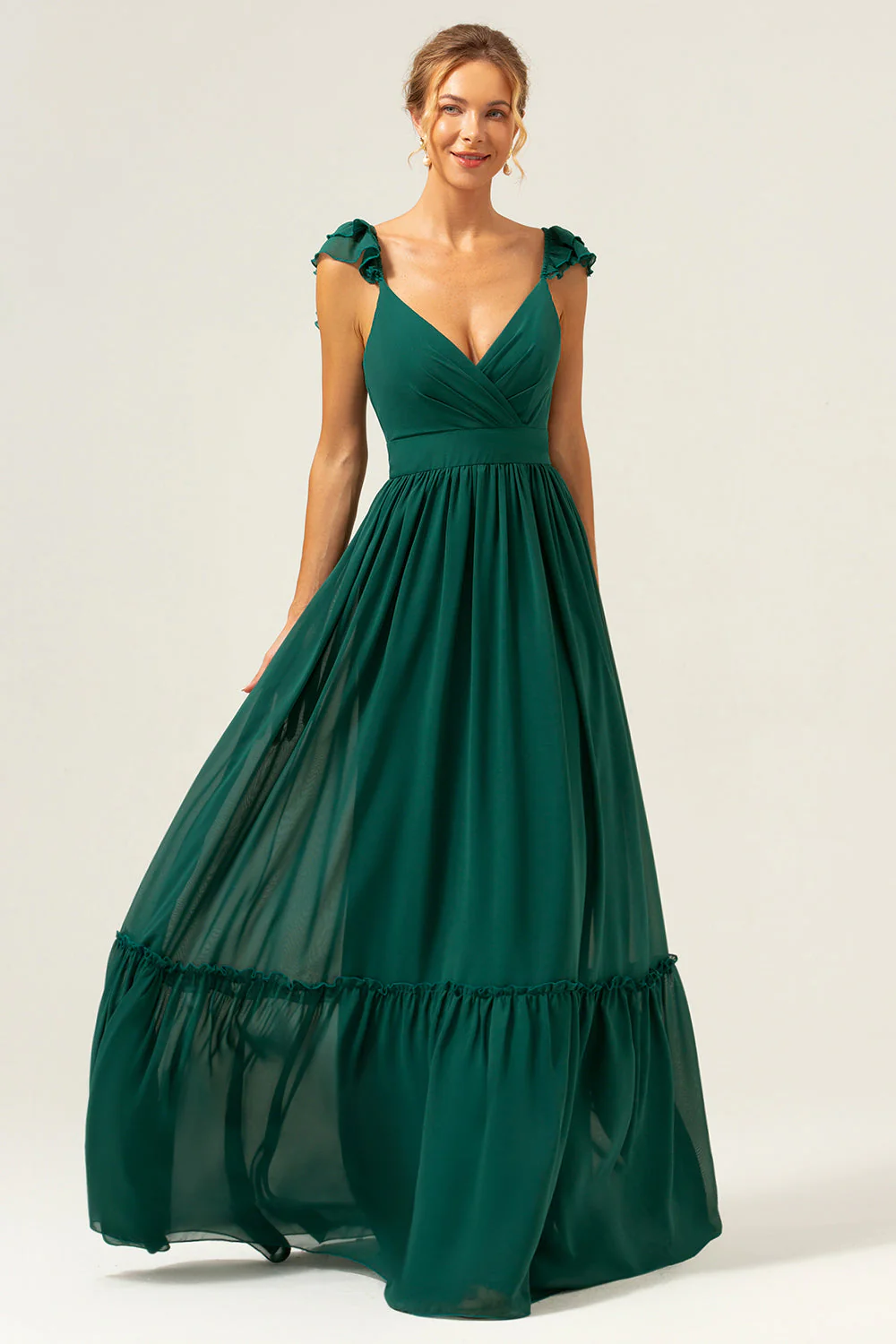 Dark Green A Line V-Neck Ruched Chiffon Long Bridesmaid Dress - Image 5