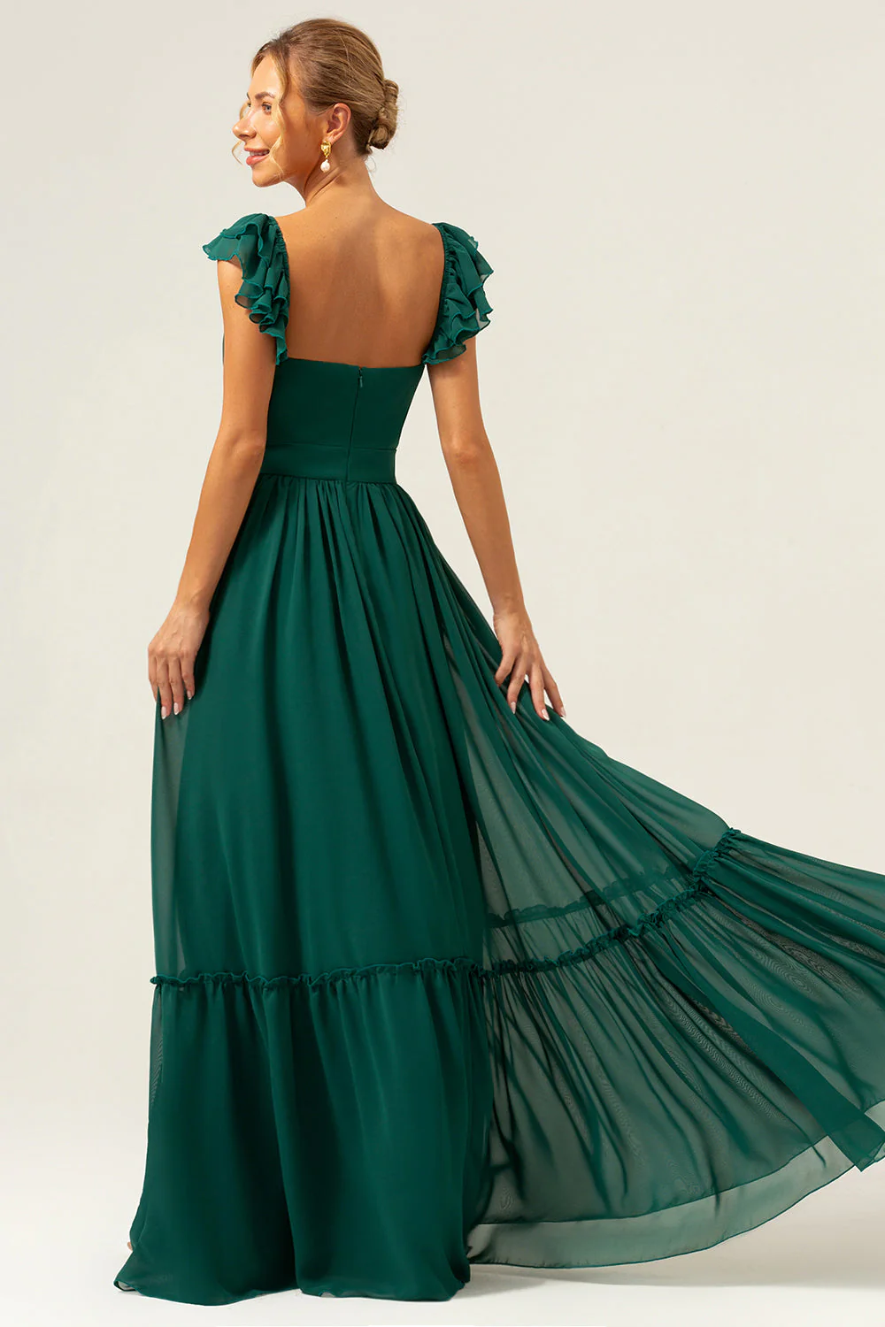 Dark Green A Line V-Neck Ruched Chiffon Long Bridesmaid Dress - Image 6