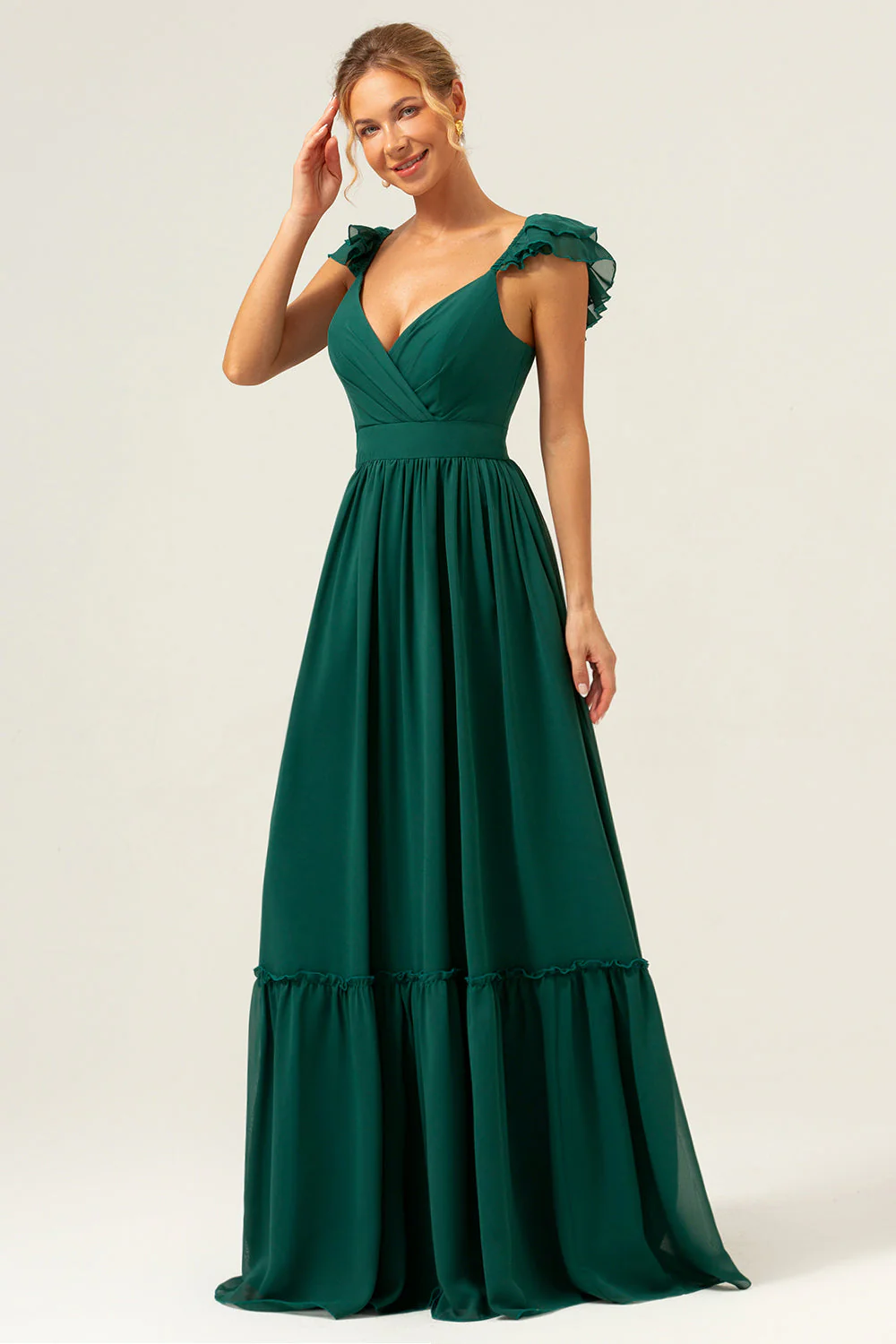 Dark Green A Line V-Neck Ruched Chiffon Long Bridesmaid Dress - Image 7