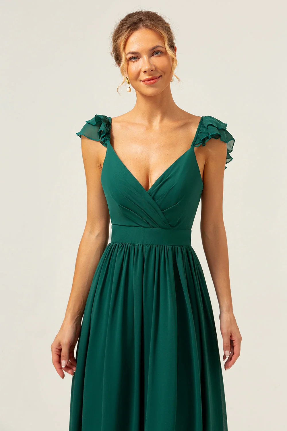 Dark Green A Line V-Neck Ruched Chiffon Long Bridesmaid Dress - Image 8