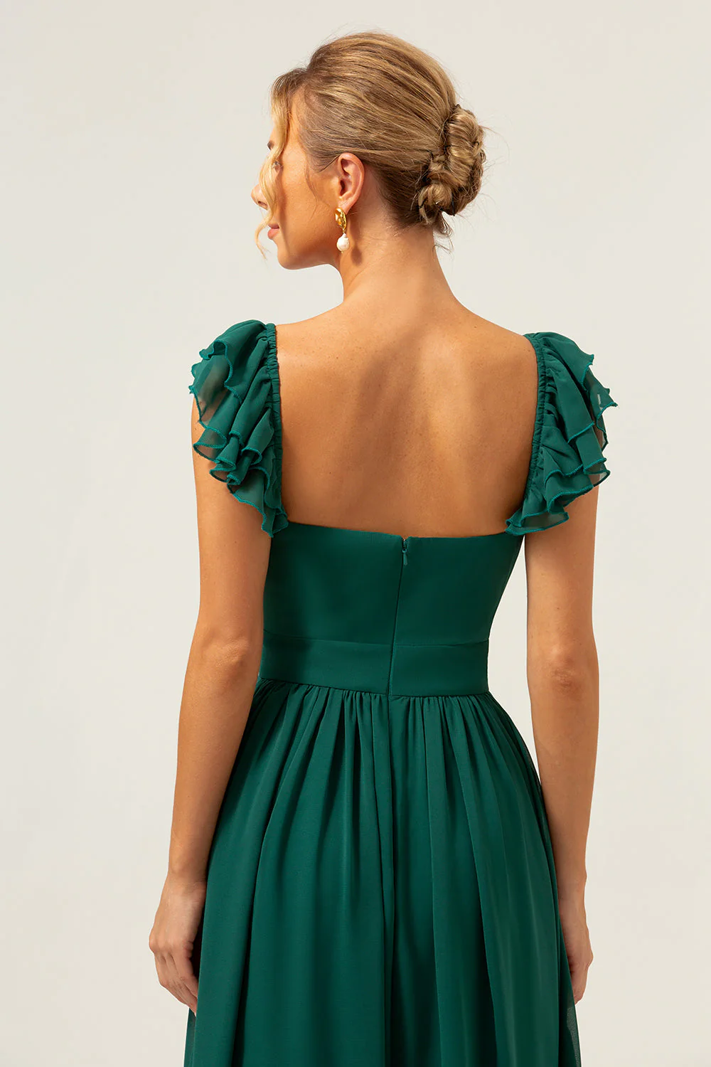 Dark Green A Line V-Neck Ruched Chiffon Long Bridesmaid Dress - Image 9