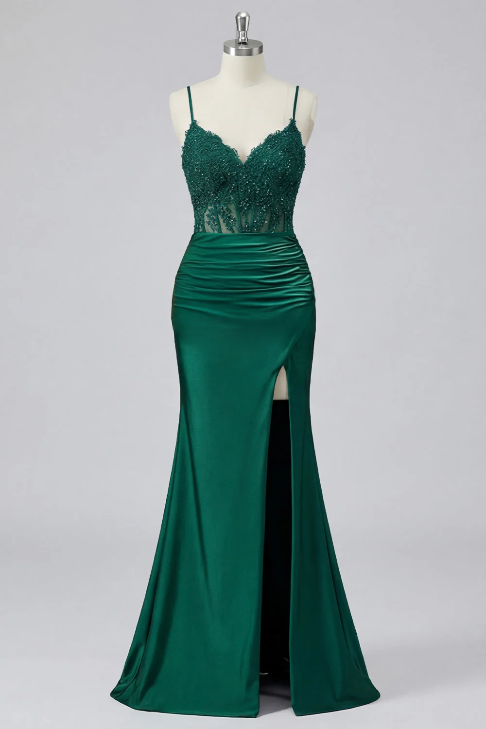 Dark Green Mermaid Lace Up Back Long Prom Dress with Slit - Image 6