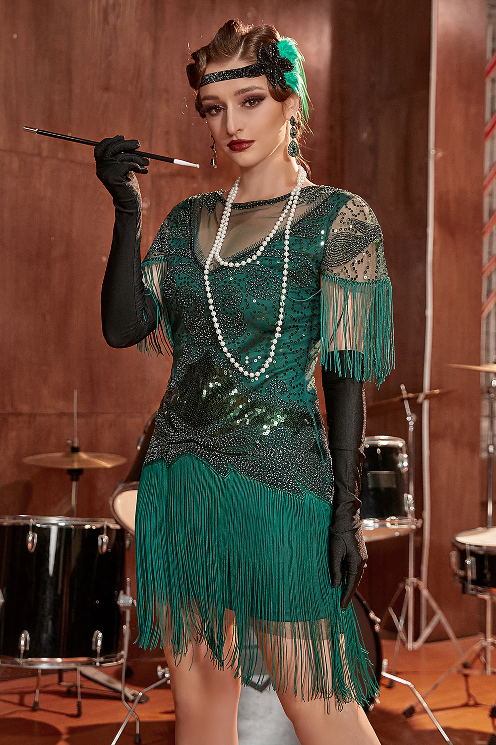 Dark Green Bateau Neck 1920s Gatsby Dress With Fringes - Image 3