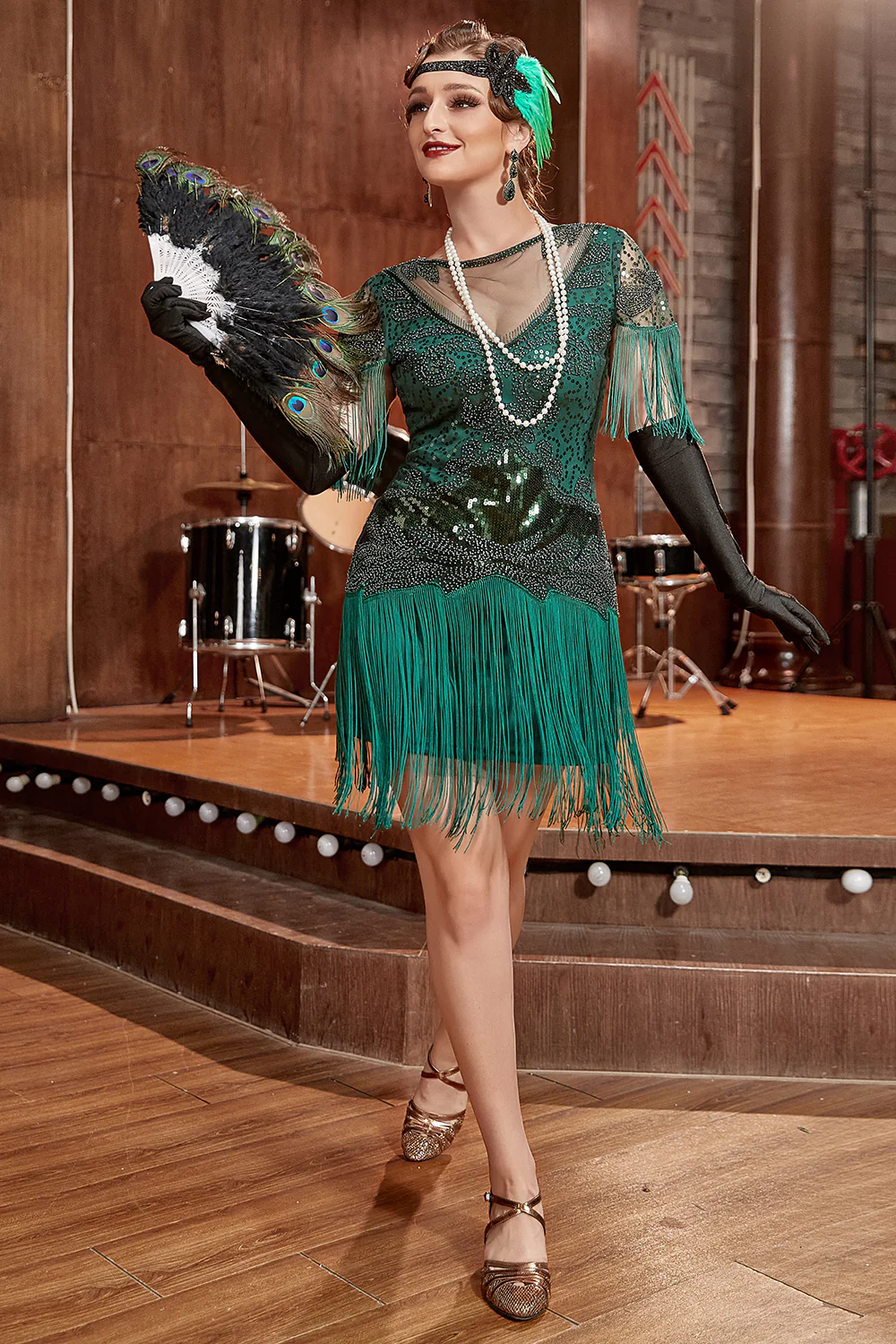 Dark Green Bateau Neck 1920s Gatsby Dress With Fringes - Image 4