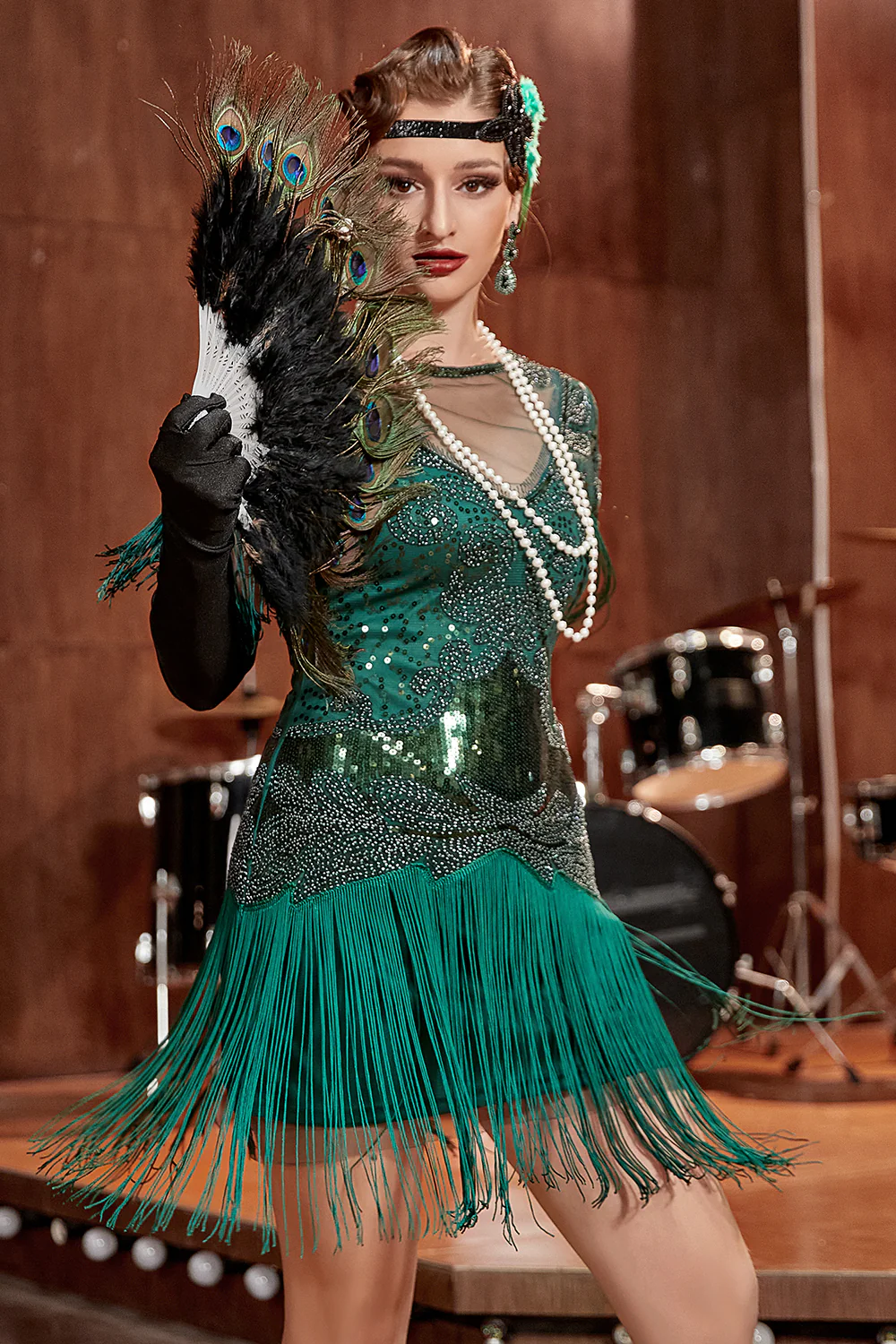 Dark Green Bateau Neck 1920s Gatsby Dress With Fringes - Image 5
