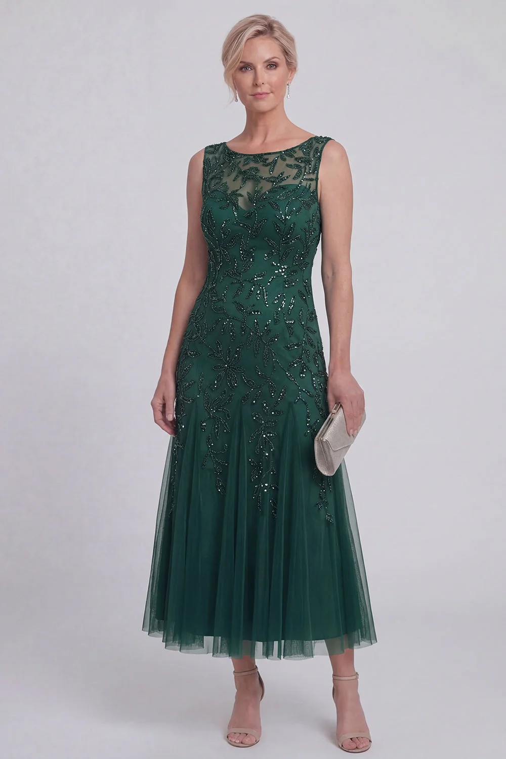 Dark Green Floral A Line Beaded Boat Neck Long Mother of The Bride Dress