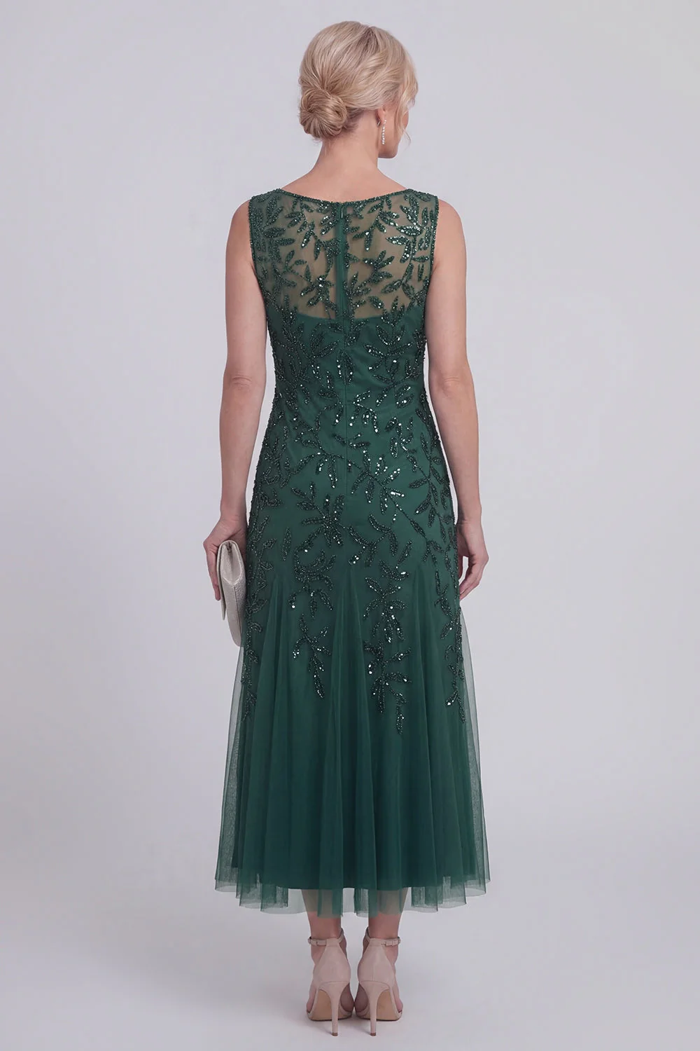 Dark Green Floral A Line Beaded Boat Neck Long Mother of The Bride Dress - Image 2