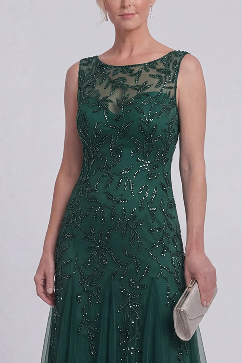 Dark Green Floral A Line Beaded Boat Neck Long Mother of The Bride Dress - Image 3