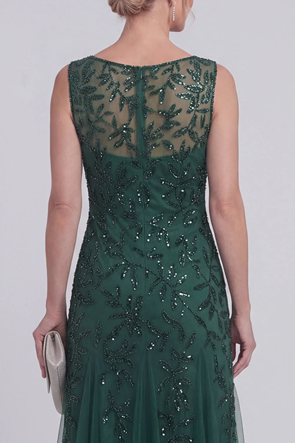 Dark Green Floral A Line Beaded Boat Neck Long Mother of The Bride Dress - Image 4