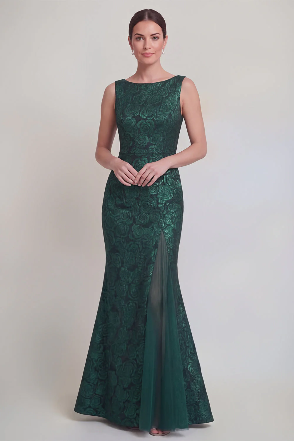 Dark Green Floral Boat Neck Mermaid Long Mother of The Bride Dress with Slit