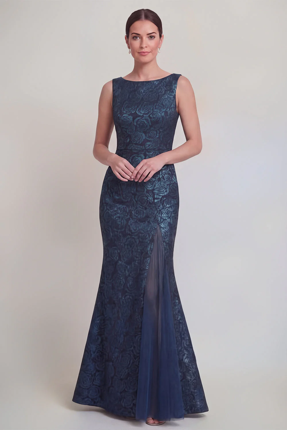 Dark Green Floral Boat Neck Mermaid Long Mother of The Bride Dress with Slit - Image 10
