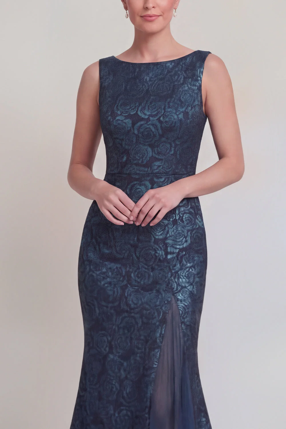 Dark Green Floral Boat Neck Mermaid Long Mother of The Bride Dress with Slit - Image 12