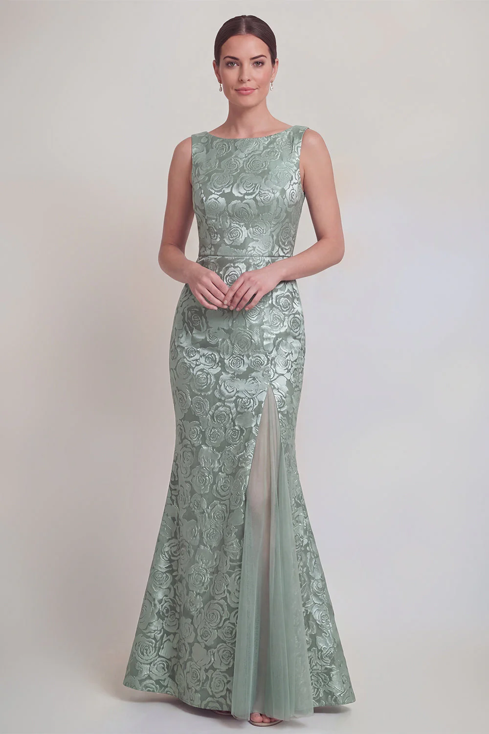 Dark Green Floral Boat Neck Mermaid Long Mother of The Bride Dress with Slit - Image 14