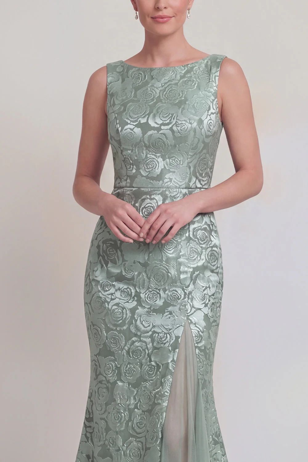 Dark Green Floral Boat Neck Mermaid Long Mother of The Bride Dress with Slit - Image 16
