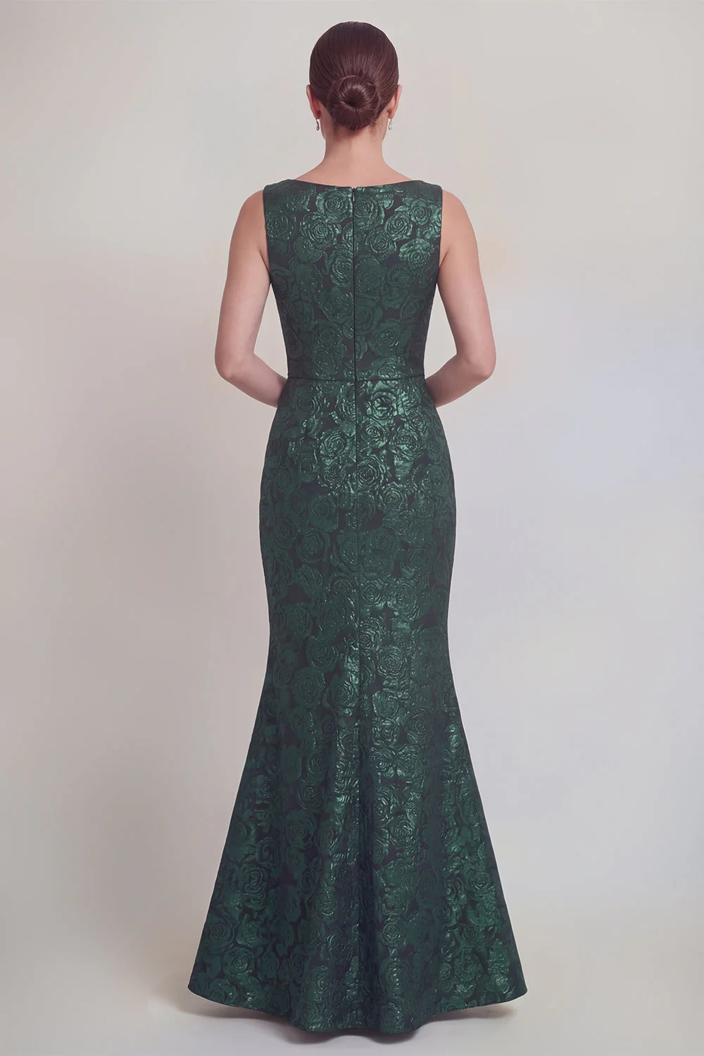 Dark Green Floral Boat Neck Mermaid Long Mother of The Bride Dress with Slit - Image 2