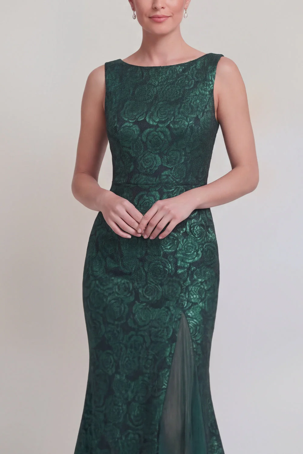 Dark Green Floral Boat Neck Mermaid Long Mother of The Bride Dress with Slit - Image 3