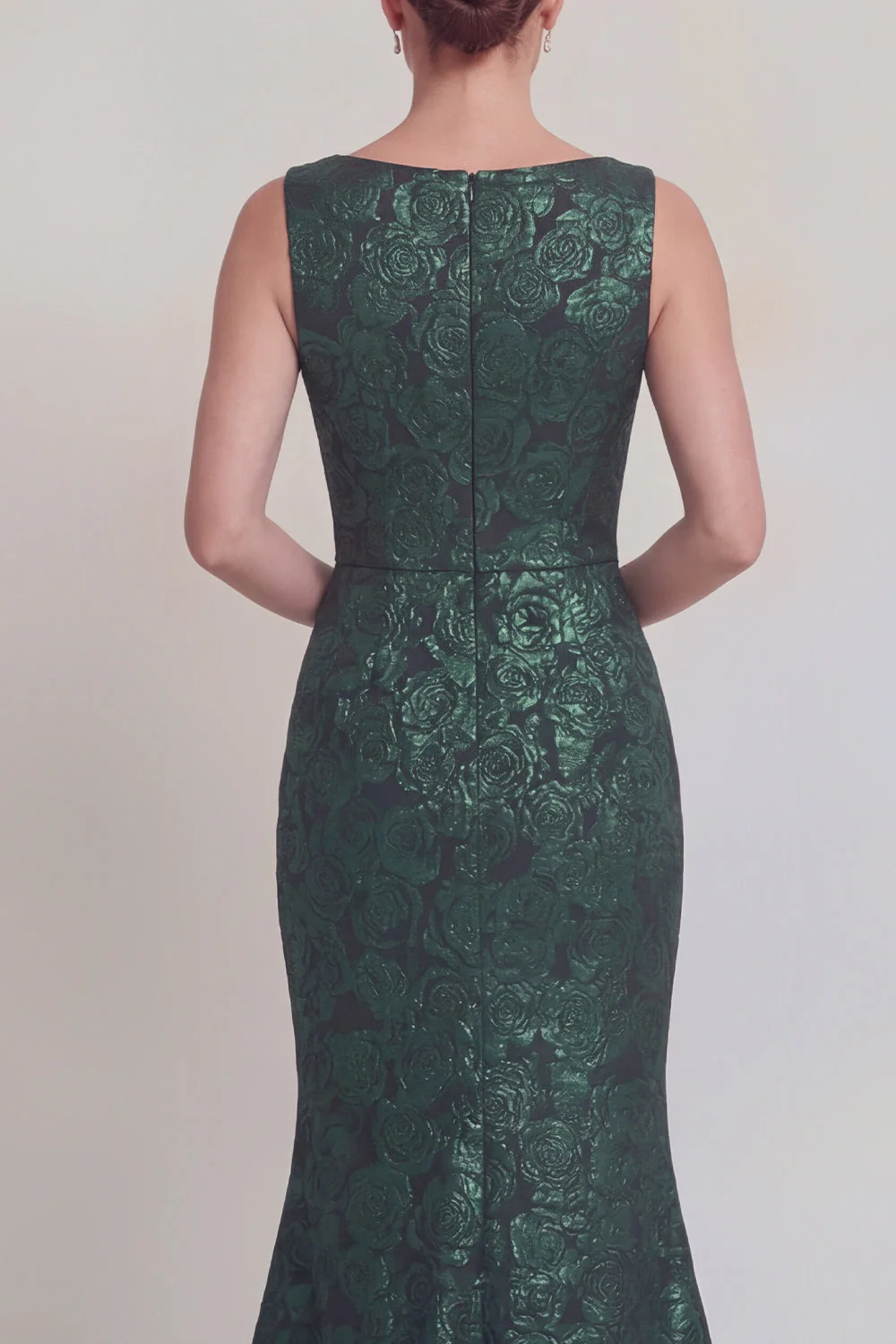 Dark Green Floral Boat Neck Mermaid Long Mother of The Bride Dress with Slit - Image 4