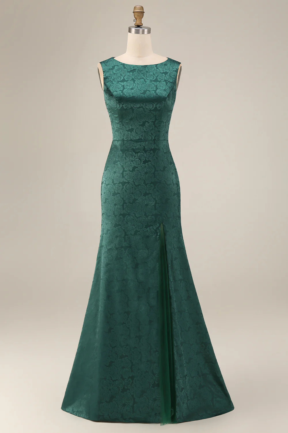 Dark Green Floral Boat Neck Mermaid Long Mother of The Bride Dress with Slit - Image 5