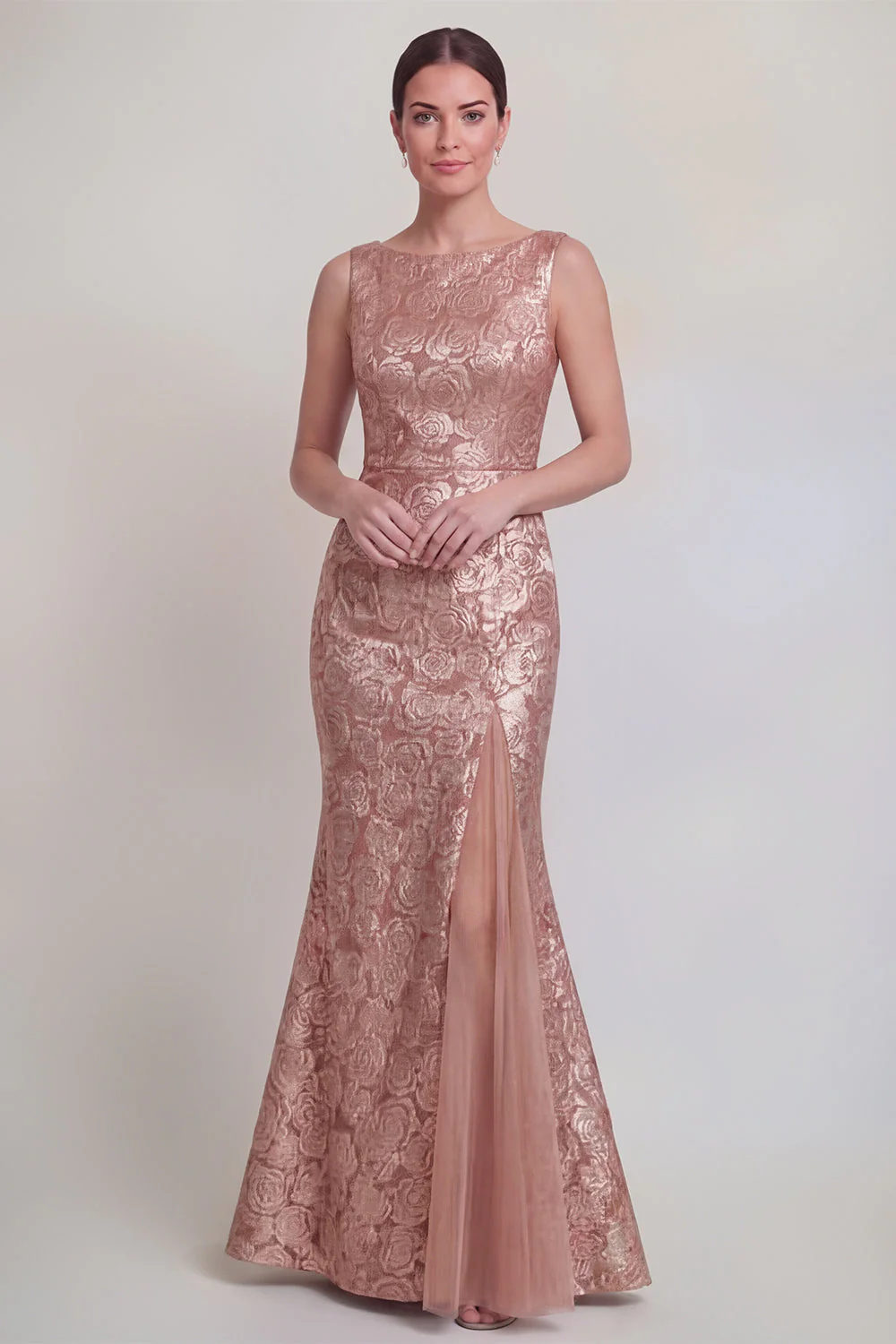 Dark Green Floral Boat Neck Mermaid Long Mother of The Bride Dress with Slit - Image 7