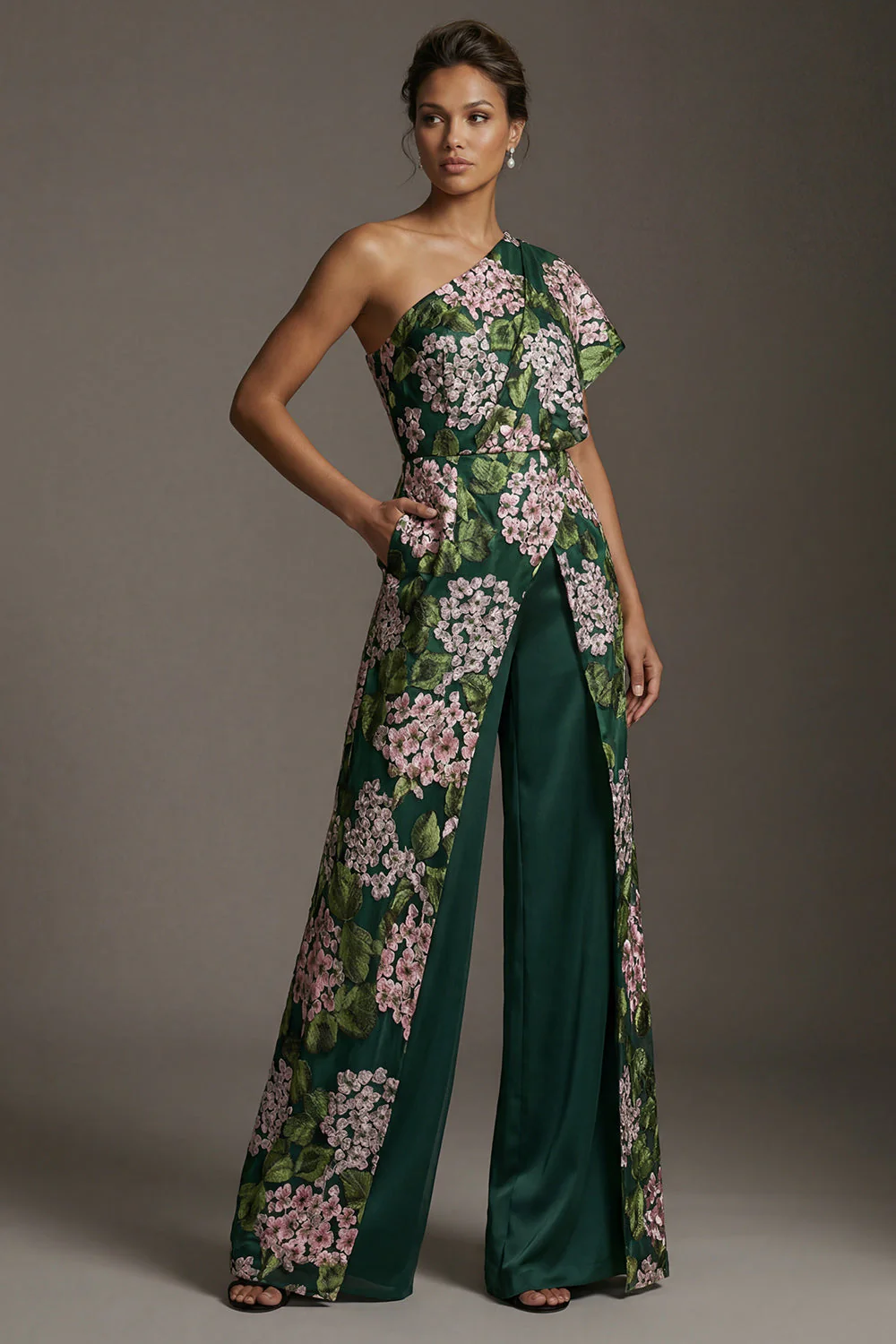 Dark Green Floral One Shoulder Long Mother of the Bride Jumpsuits with Pockets