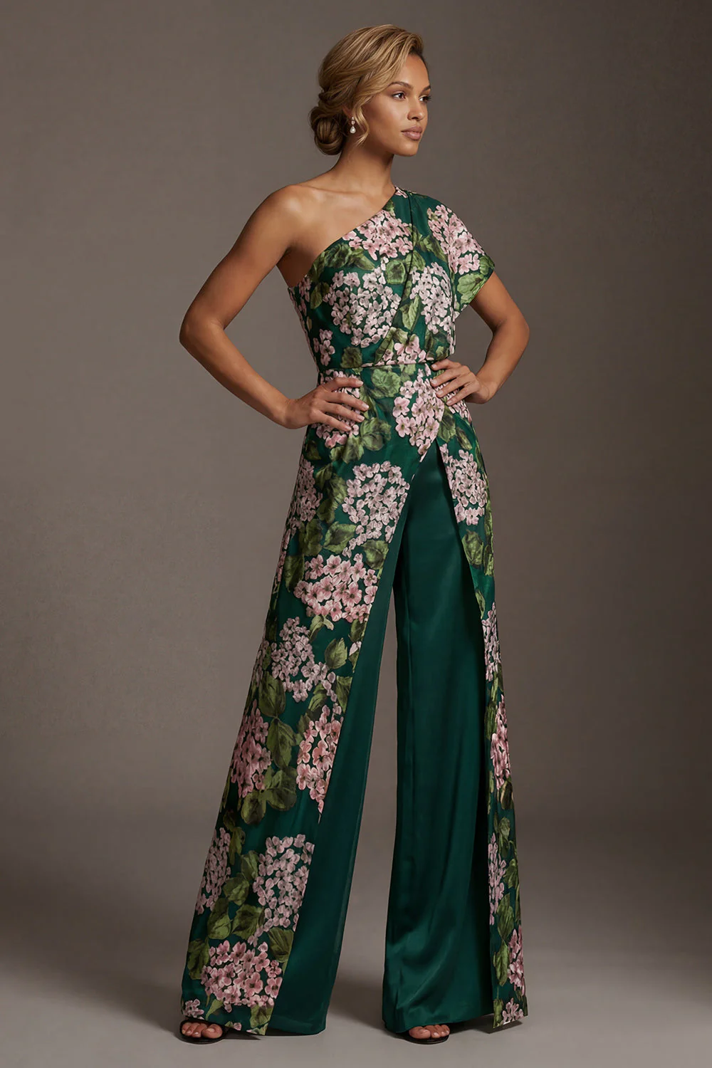 Dark Green Floral One Shoulder Long Mother of the Bride Jumpsuits with Pockets - Image 3