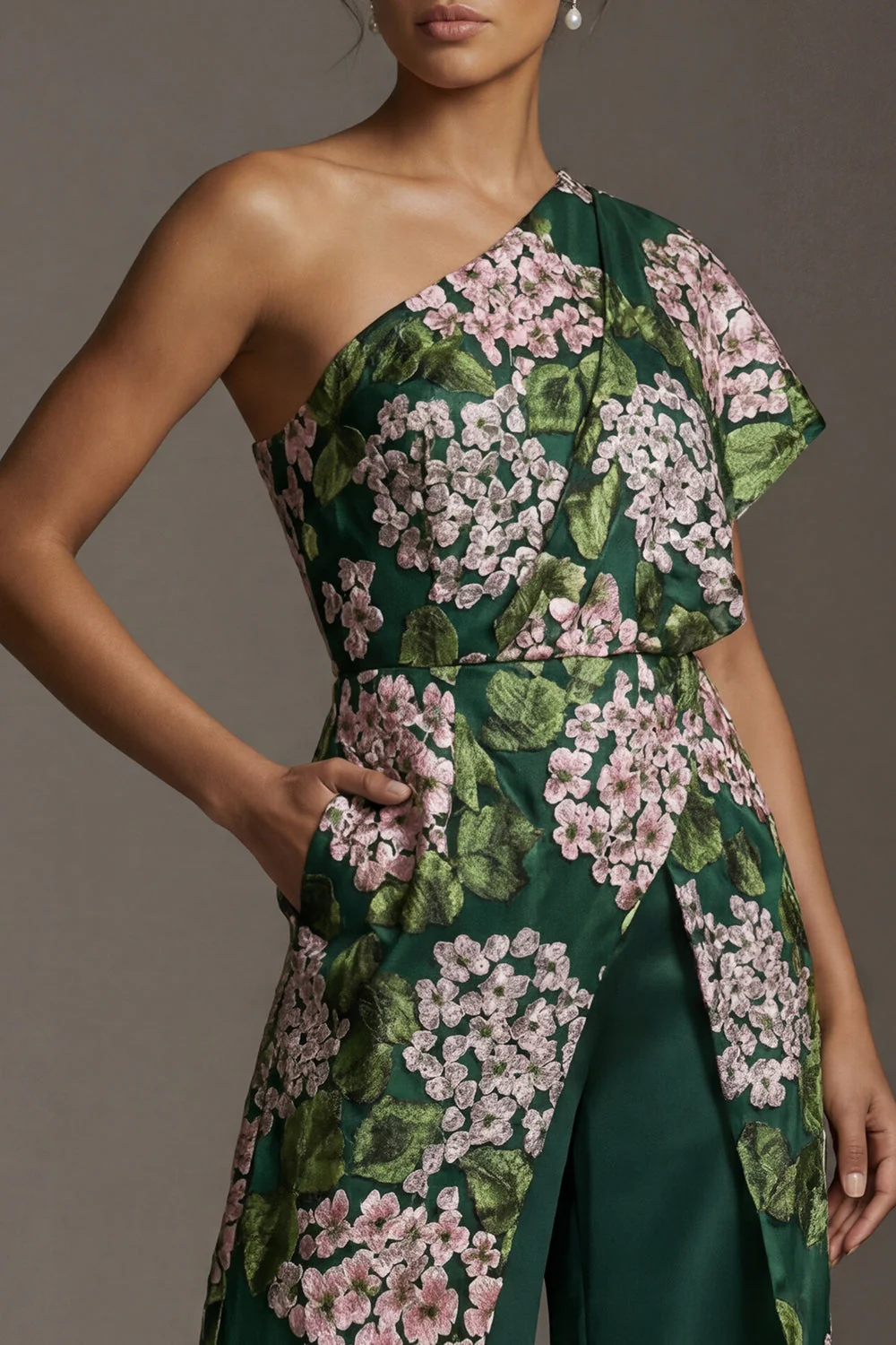 Dark Green Floral One Shoulder Long Mother of the Bride Jumpsuits with Pockets - Image 4