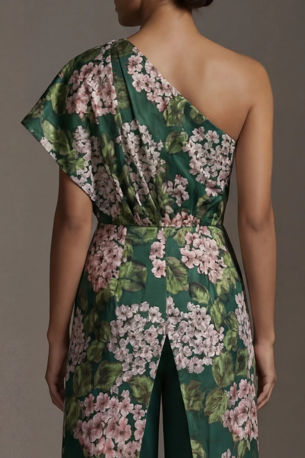 Dark Green Floral One Shoulder Long Mother of the Bride Jumpsuits with Pockets - Image 5