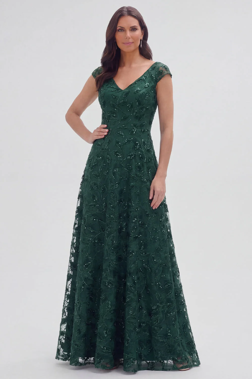 Dark Green Floral V-Neck A Line Cap Sleeves Long Mother of The Bride Dress