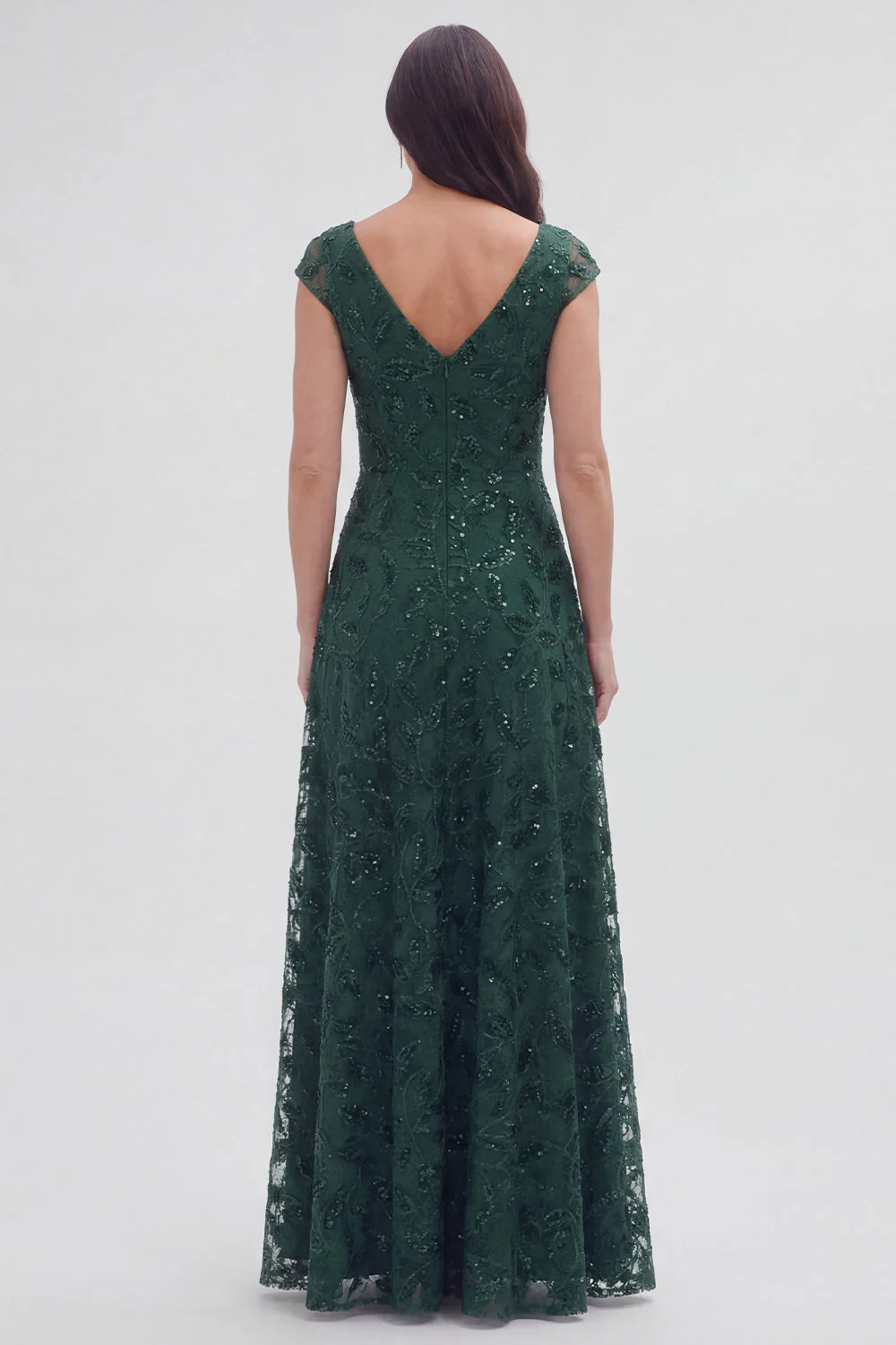 Dark Green Floral V-Neck A Line Cap Sleeves Long Mother of The Bride Dress - Image 2