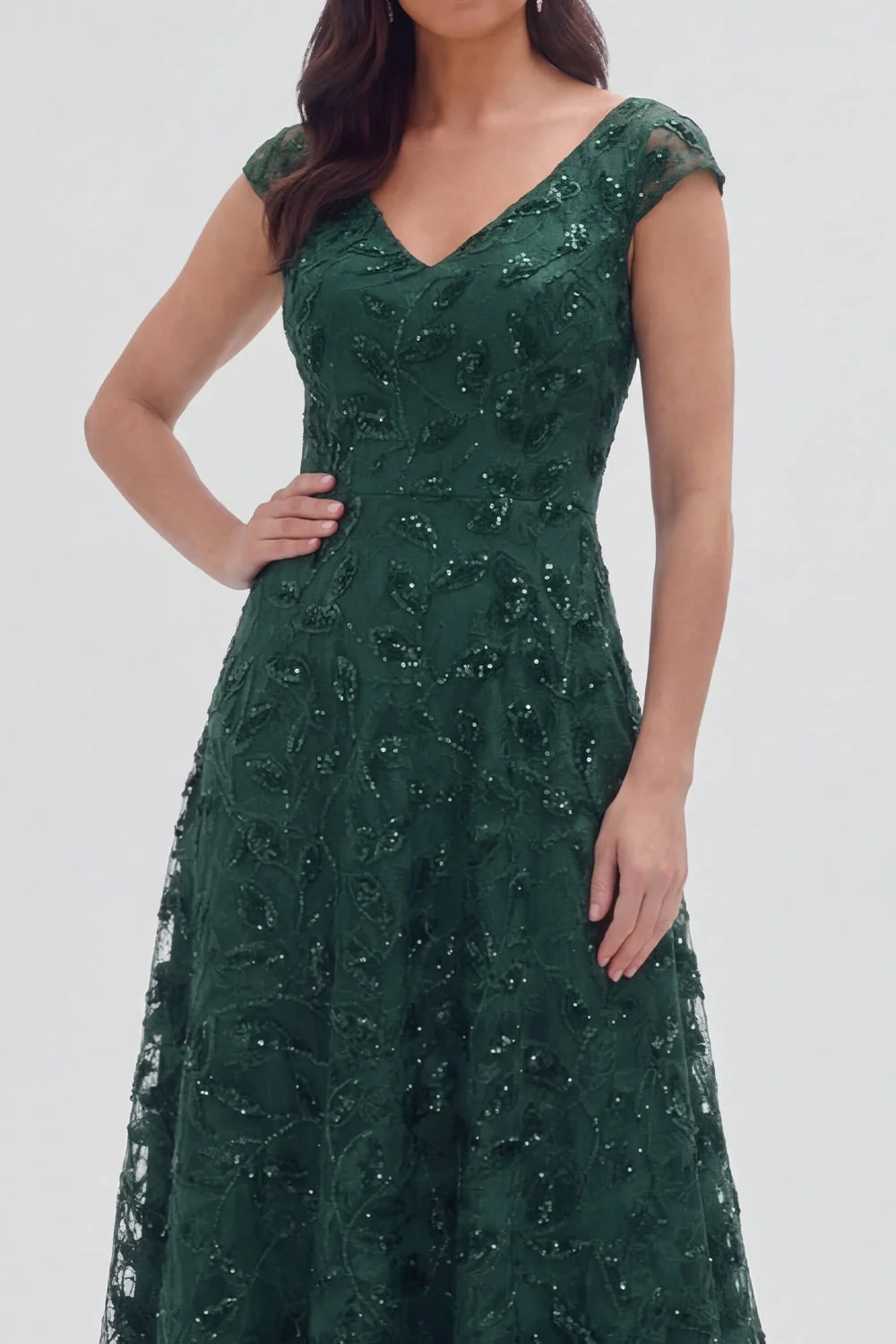 Dark Green Floral V-Neck A Line Cap Sleeves Long Mother of The Bride Dress - Image 3