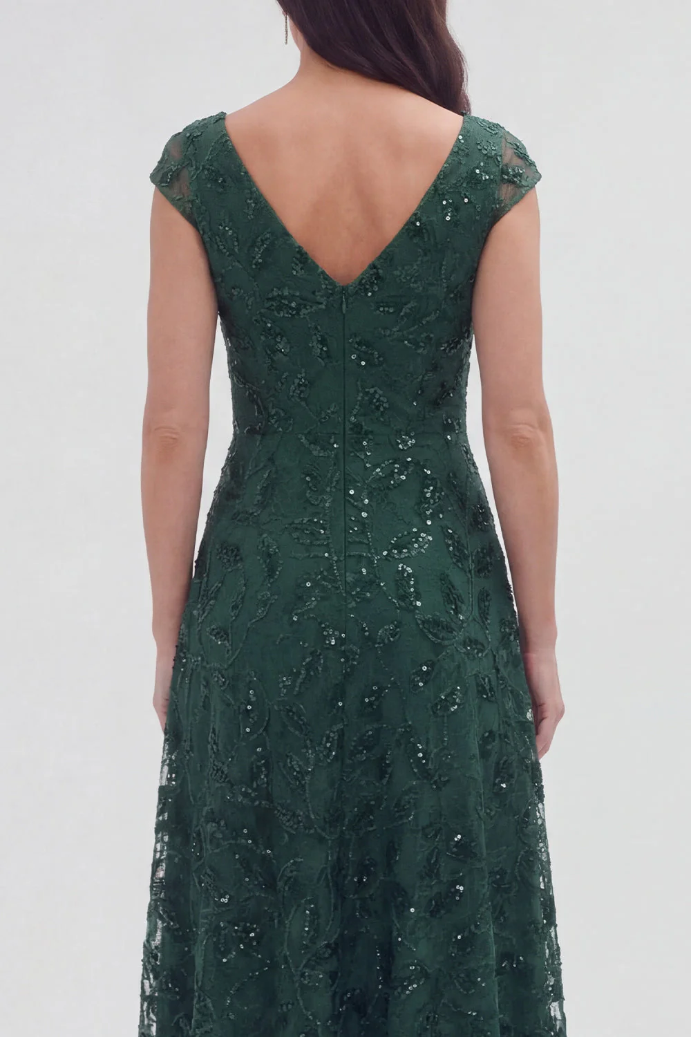 Dark Green Floral V-Neck A Line Cap Sleeves Long Mother of The Bride Dress - Image 4