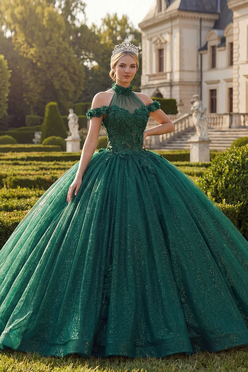 Dark Green Halter Neck Ball Gown Appliqued Glitter Quinceanera Dress