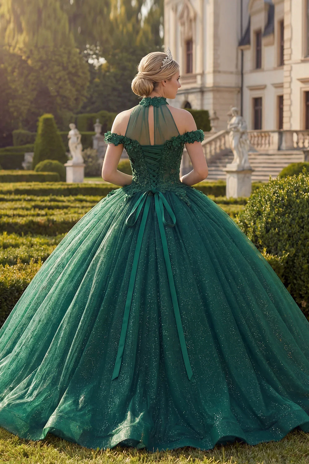 Dark Green Halter Neck Ball Gown Appliqued Glitter Quinceanera Dress - Image 2