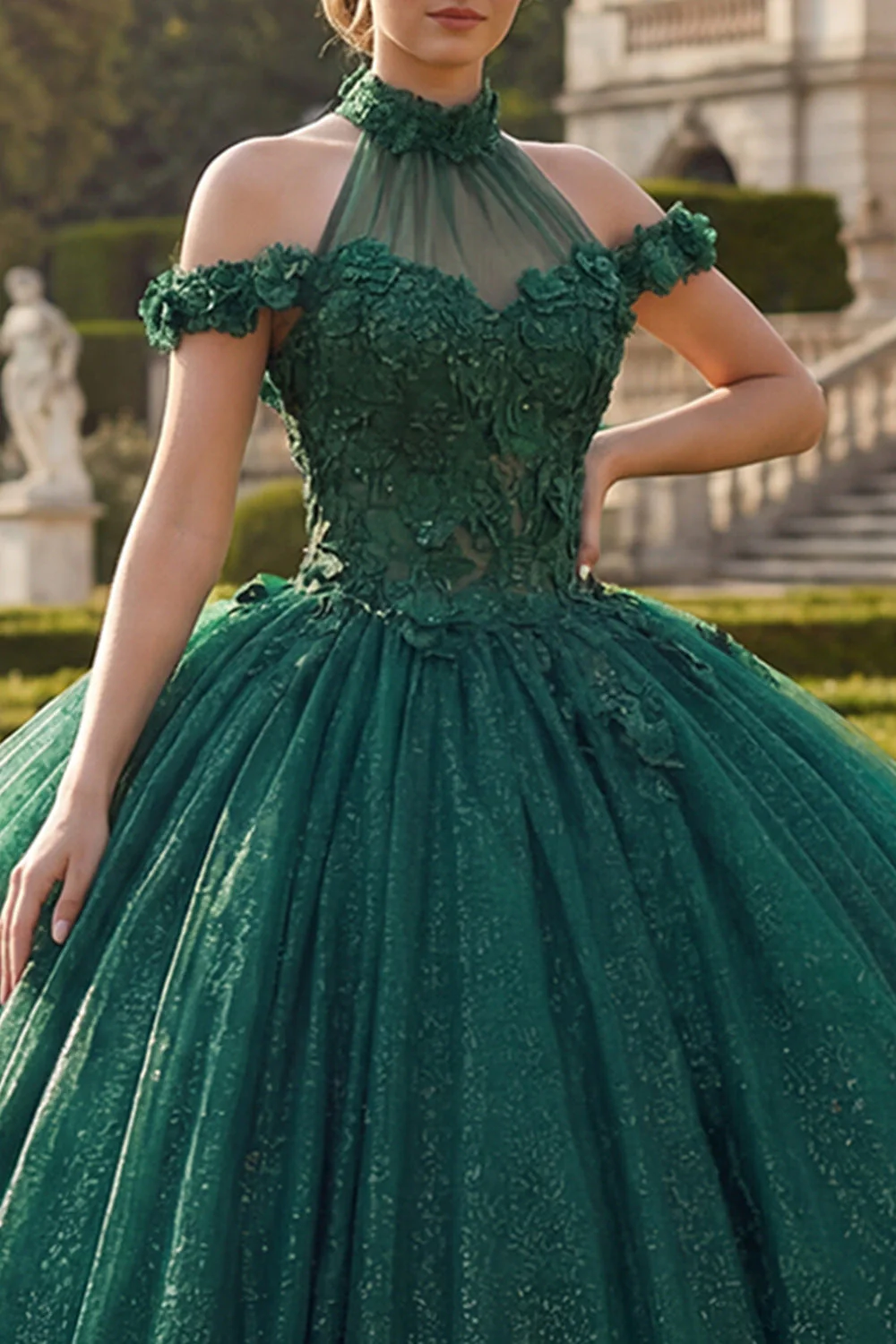 Dark Green Halter Neck Ball Gown Appliqued Glitter Quinceanera Dress - Image 3