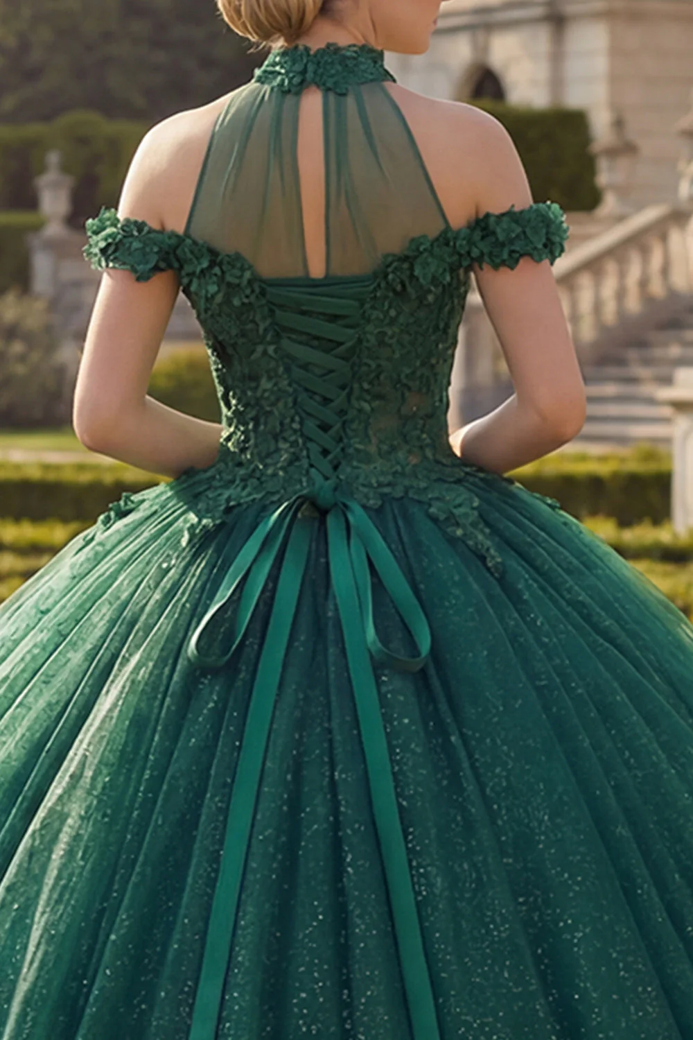 Dark Green Halter Neck Ball Gown Appliqued Glitter Quinceanera Dress - Image 4