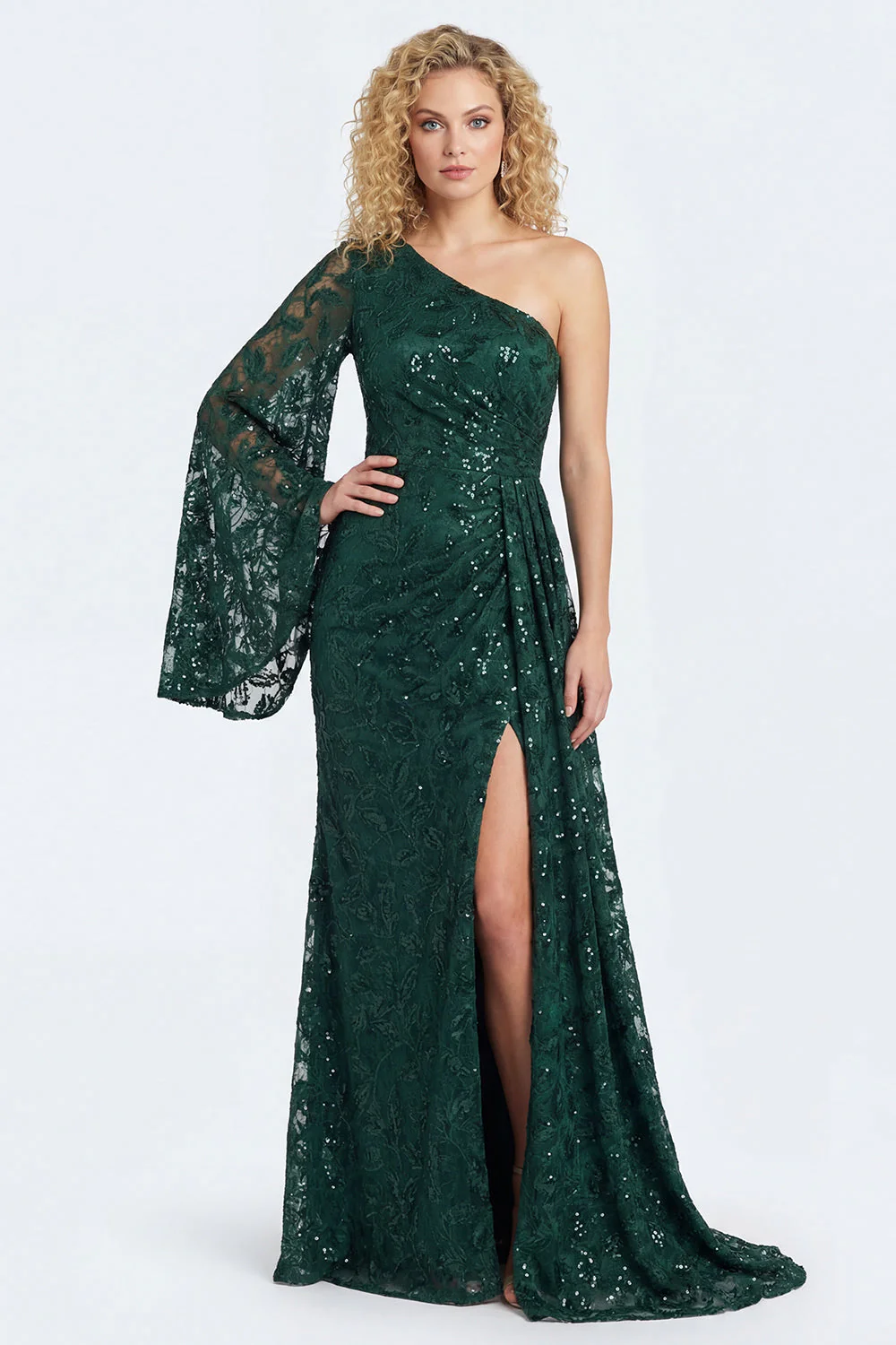 Dark Green Lace Mermaid One Shoulder Long Mother of The Bride Dress with Sleeves