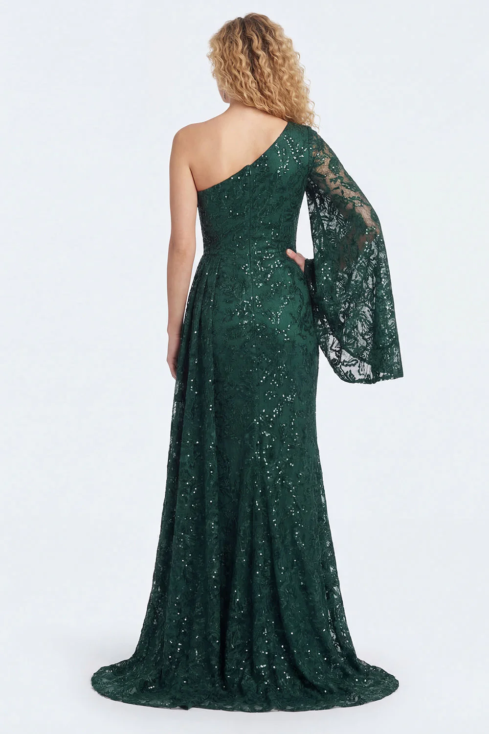 Dark Green Lace Mermaid One Shoulder Long Mother of The Bride Dress with Sleeves - Image 2