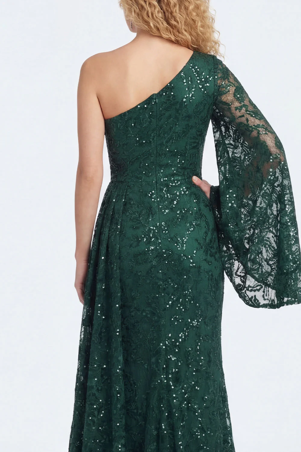 Dark Green Lace Mermaid One Shoulder Long Mother of The Bride Dress with Sleeves - Image 4