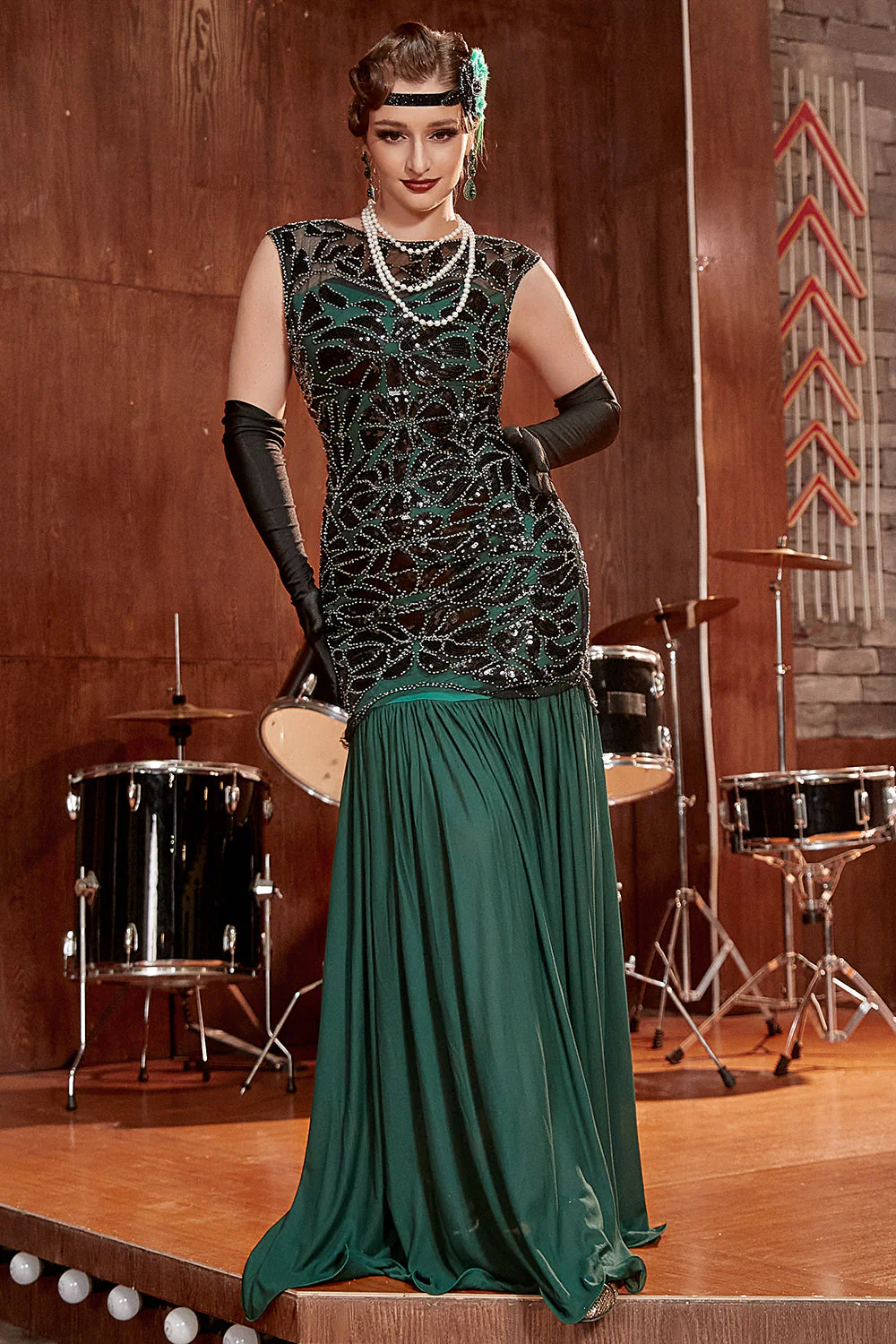 Dark Green Long 1920s Sequined Flapper Dress - Image 4