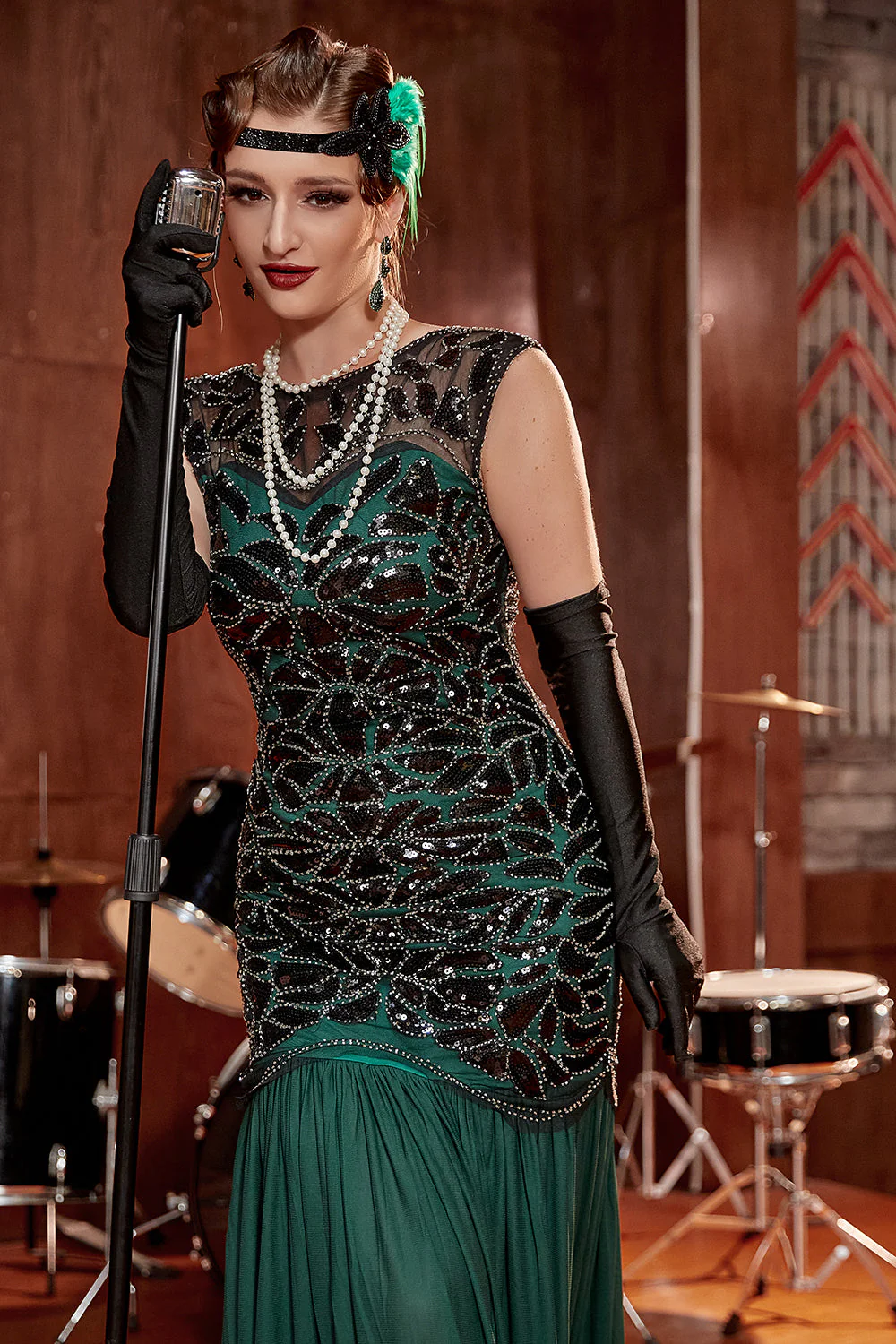 Dark Green Long 1920s Sequined Flapper Dress - Image 5