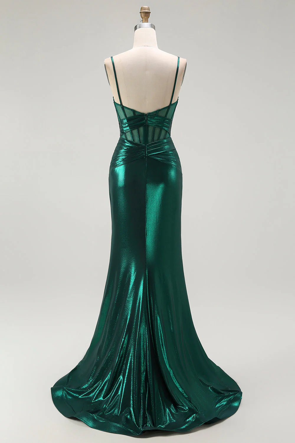 Dark Green Mermaid Metallic Pleated Corset Long Prom Dress with Slit - Image 2