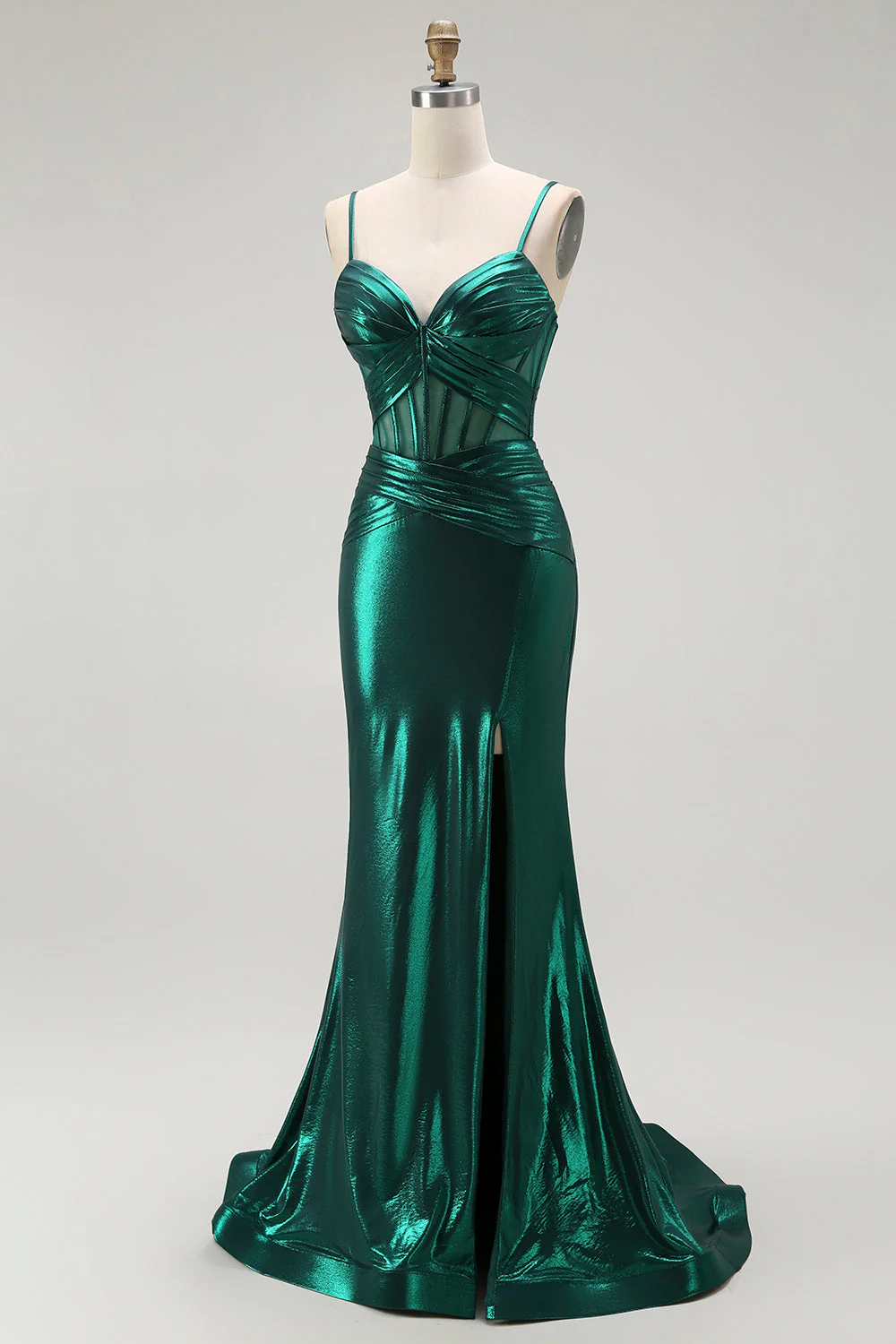 Dark Green Mermaid Metallic Pleated Corset Long Prom Dress with Slit - Image 3