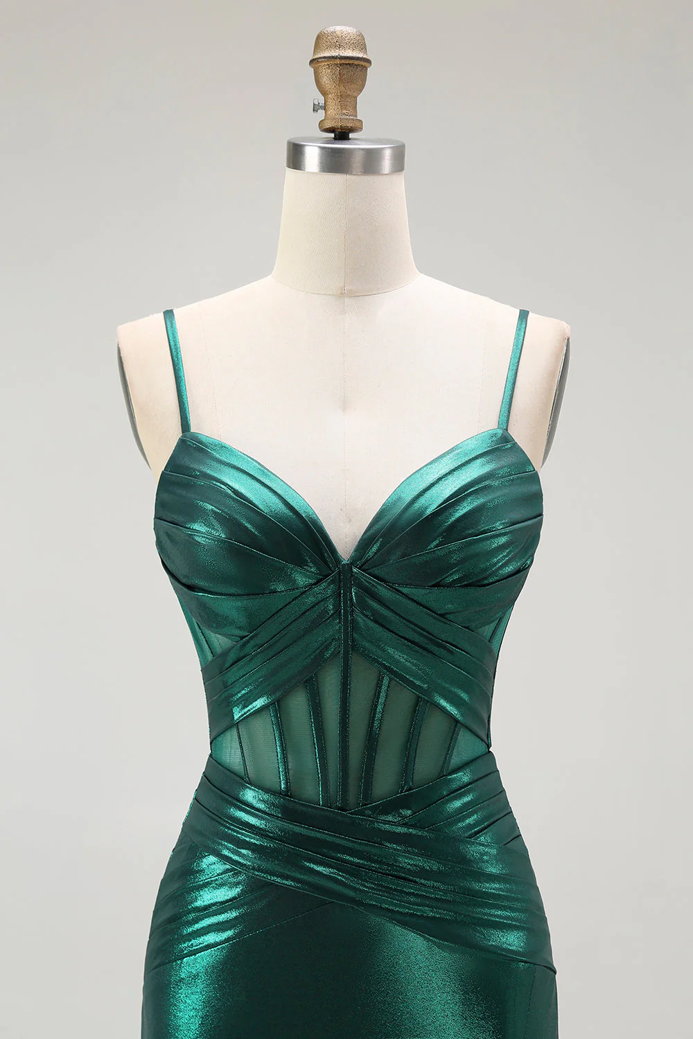 Dark Green Mermaid Metallic Pleated Corset Long Prom Dress with Slit - Image 4