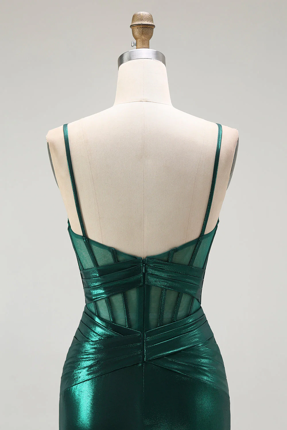 Dark Green Mermaid Metallic Pleated Corset Long Prom Dress with Slit - Image 5