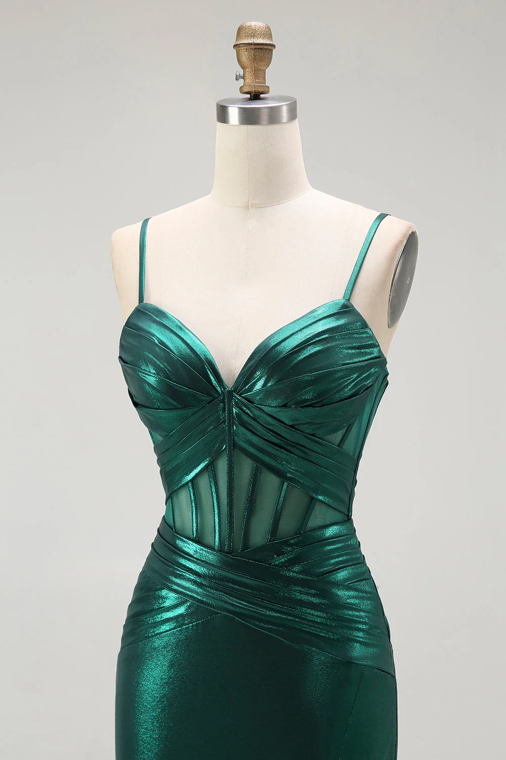 Dark Green Mermaid Metallic Pleated Corset Long Prom Dress with Slit - Image 6