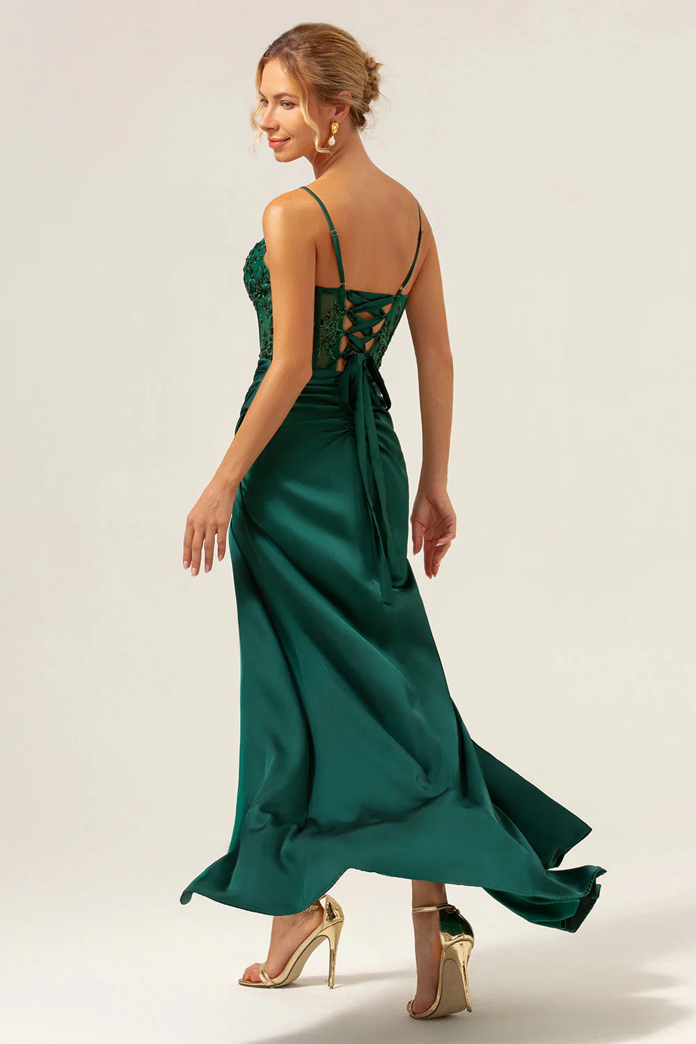 Dark Green Mermaid Spaghetti Straps Corset Satin Long Bridesmaid Dress with Slit - Image 2
